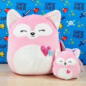 Squishmallow Flora the Valentine's Day Fox 8" & 3.5" Clip Holiday Plush Set NWT